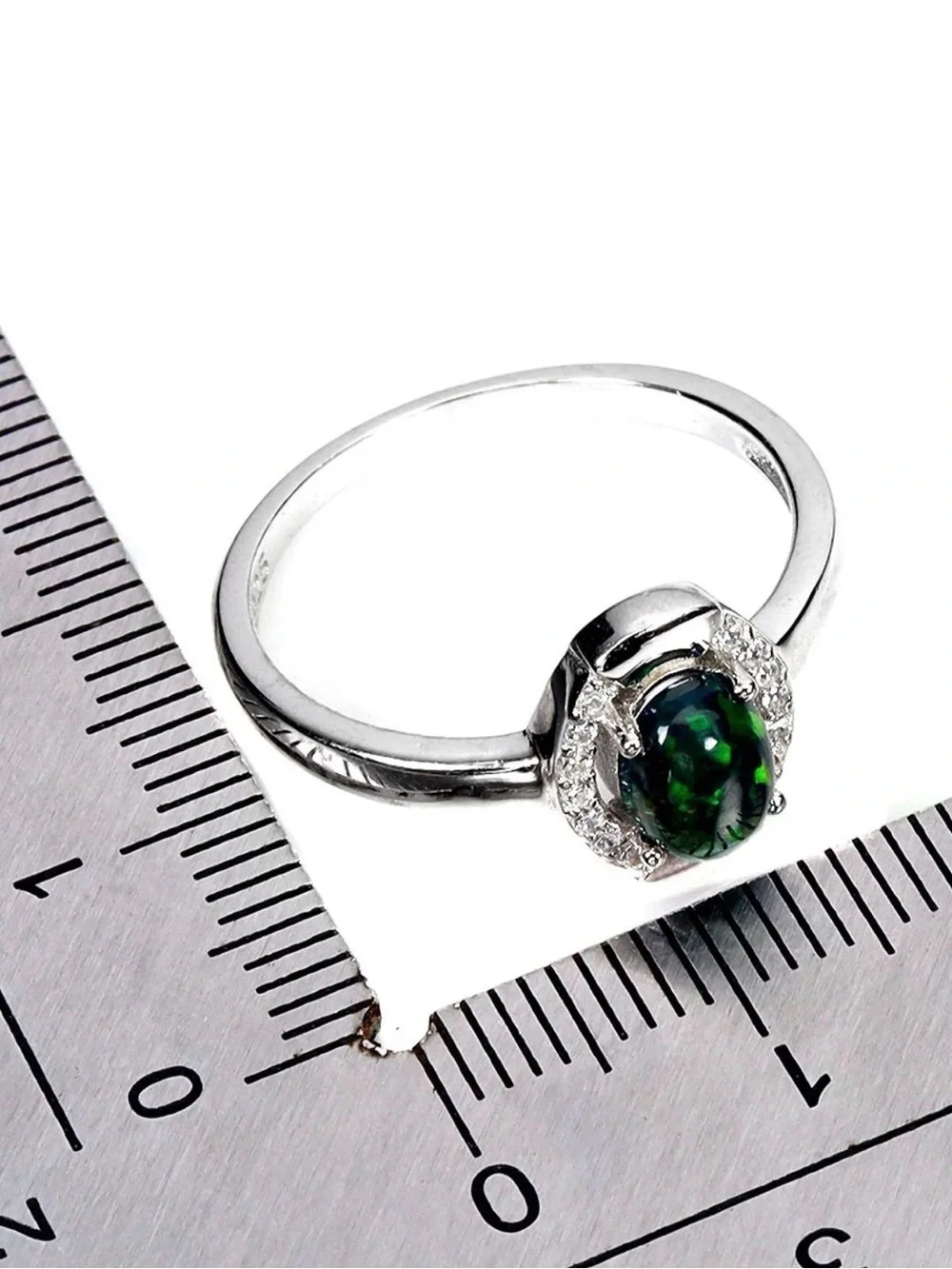 Stunning Natural Rainbow Black Opal with Zircon 925 Sterling Silver Ring Sz 8